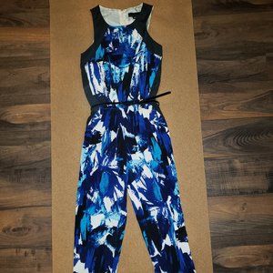 Blue, white, and black, belted jumpsuit